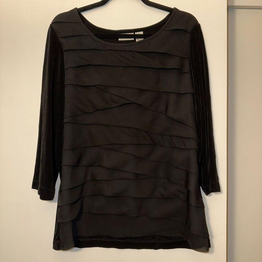 Chicos Travelers Size 3 (XL) Solid Black Tiered 3/4 Sleeve Acetate Crew Shirt